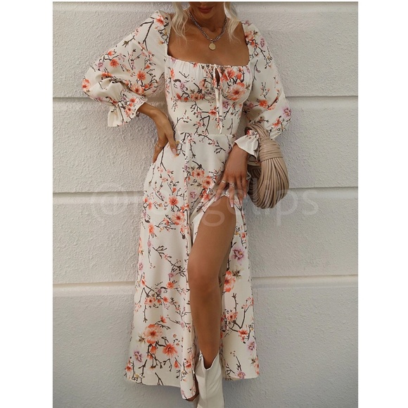 Floral Dress Square Neck Fit & Flare Maxi Long Sleeve Leg Slit Front Ties Beige - Picture 5 of 10